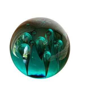 Vintage Murano Style Teal Blue Paperweight with Controlled Teardrop Bubbles.